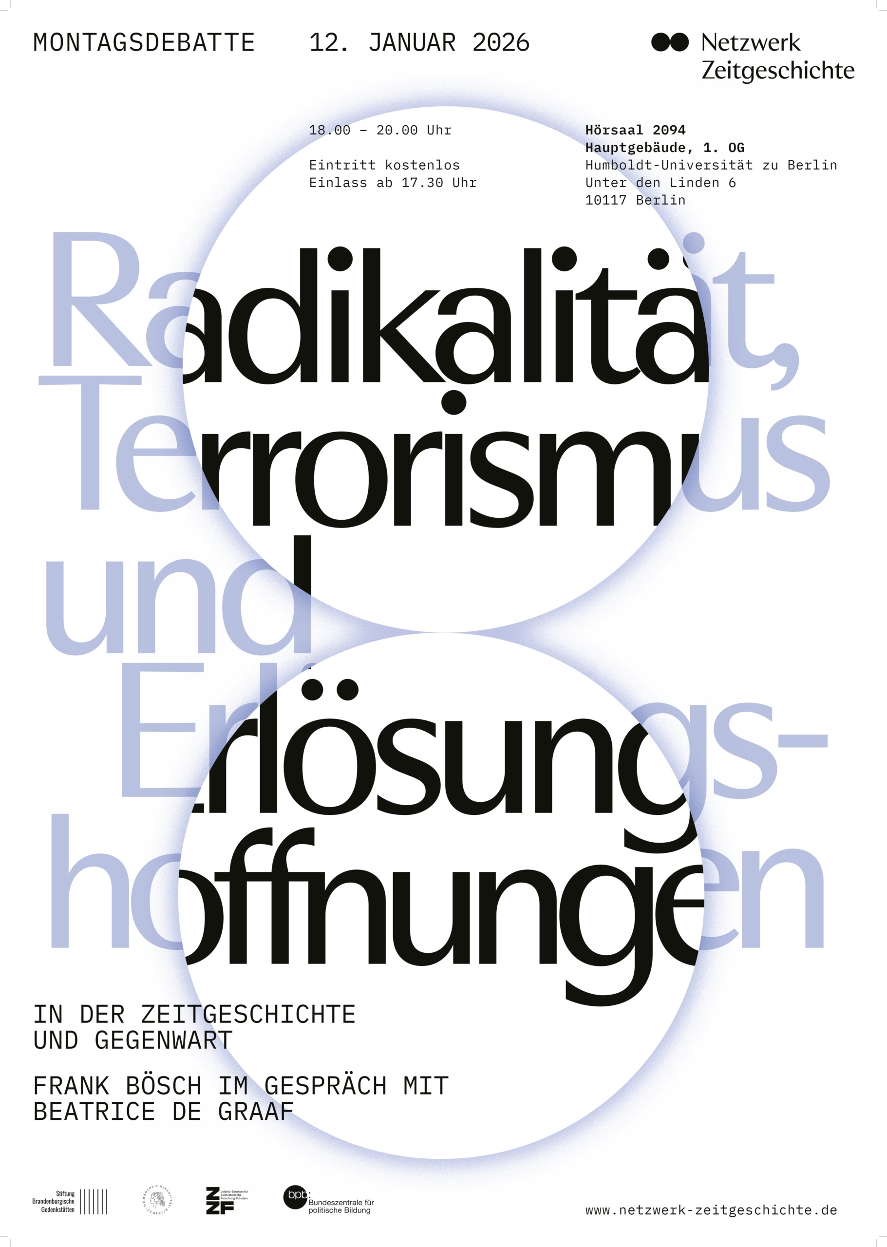 Plakat Montagsdebatte am 12.1.2026 in Berlin zum Thema Radikalität, Terrorismus und Erlösungshoffnungen
