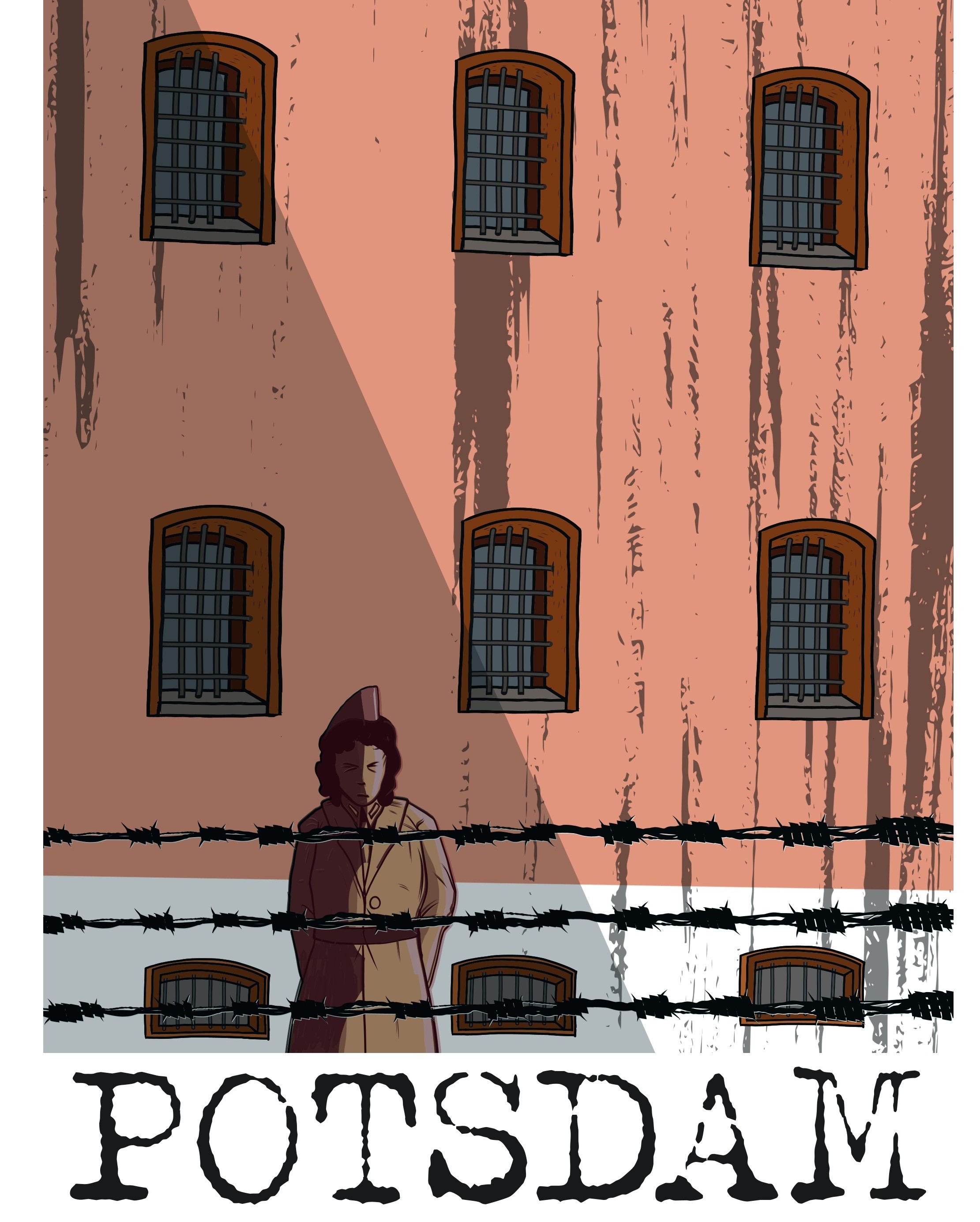 Grafik die eine Gefängnisfront und davorstehend eine Person mit Kaputzenpullover zeigt. Im Vordergrund zieht man Stacheldraht.