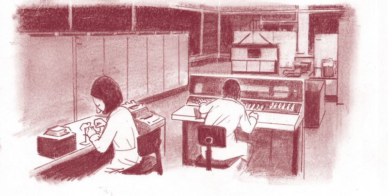 Das Bild zteigt eine Grafik-Zeichung mit zwei Personen die jhweils an einem Schreibtisch sitzen und EVD Geräte bedienen.