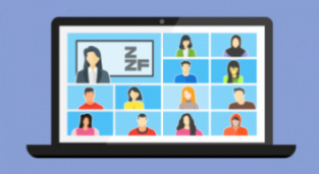 Die Grafik zeigt die Umrisse eines Laptops und zwölf quadratische kleine Bilder, die über ein Zoom-Meeting am Institutskolloquium des ZZF teilnehmen. Links oben auf dem Bildschirm sieht man eine Person und das ZZF Logo.