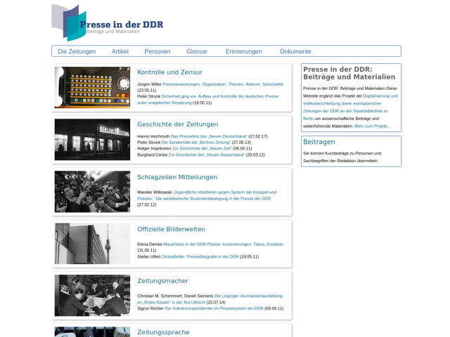 Startseite der Website Presse in der DDR