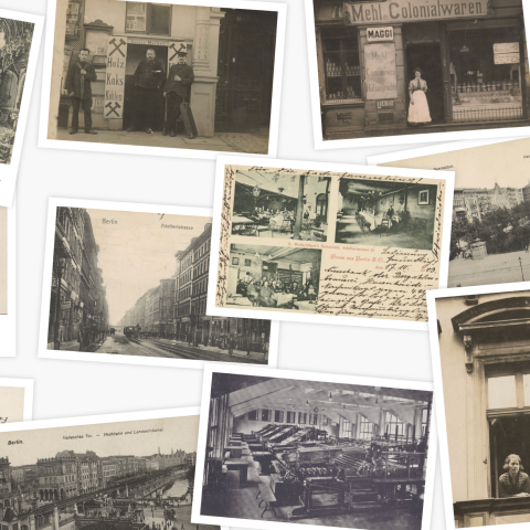 Eine Sammlung von Postkarten aus Berlin-Kreuzberg, aus der Zeit vor 1945.
