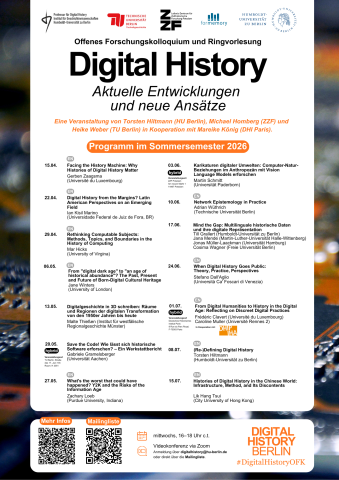Poster mit den Terminen der Ringvorlesung und Kolloquiums zur Digital History im Sommersemester 2026. 