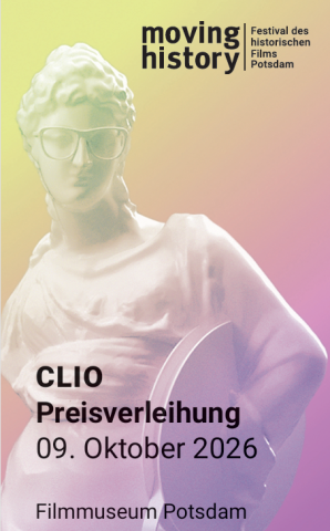Cover des Einladungsflyer zur Preisverleihung CLIO 2026. Zu sehen ist eine Skultur, die Nachbildung der griechischen Muse CLIO.