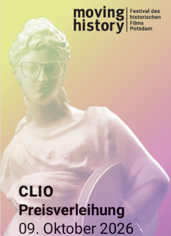 Flyer Cover Clio Preisverleihung 2026. Zu sehen ist auf dem Cover die Skulptur der CLIO