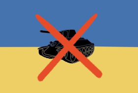Ukrainische Flagge mit einem durchgestrichenen Panzer