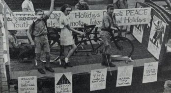 The YHA’s north-east Lancashire regional group using a repurposed lorry for a peace demonstration in 1938. One of the five posters attached to the lorry carries an advert for the ‘1,800 youth hostels’ in Germany. 