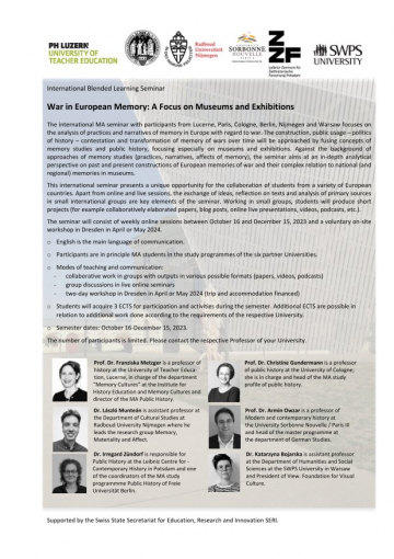 International Blended Learning | War in European Memory: A Focus on Museums and Exhibitions, Semester dates: October 16 to December 15, 2023.