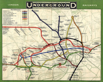 Karte der Londoner U-Bahn-Linien, 1908 (beschnitten). Urheber unbekannt, Quelle: Wikimedia Commons public domain