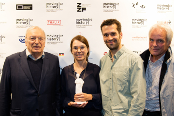 Gewinner CLIO 2019: (v.l.n.r.) Uwe Timm (Laudator), Regina Schilling (Regisseurin), Jamin Benazzouz (Editor), Thomas Kufus (Produzent), "Kulenkampffs Schuhe", Foto: moving history / Jürgen Keiper