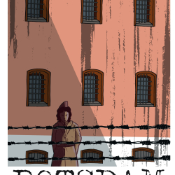 Grafik die eine Gefängnisfront und davorstehend eine Person mit Kaputzenpullover zeigt. Im Vordergrund zieht man Stacheldraht.