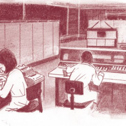 Das Bild zteigt eine Grafik-Zeichung mit zwei Personen die jhweils an einem Schreibtisch sitzen und EVD Geräte bedienen.